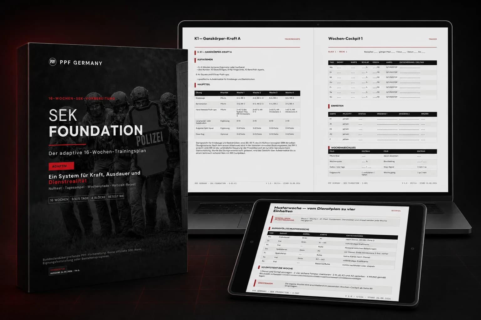 SEK Foundation Trainingsmanual mit Originalseiten auf Laptop und Tablet