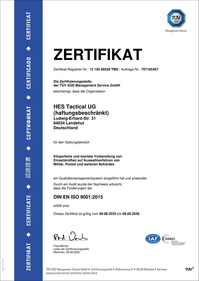 TÜV SÜD Zertifikat — HES Tactical UG — DIN EN ISO 9001:2015