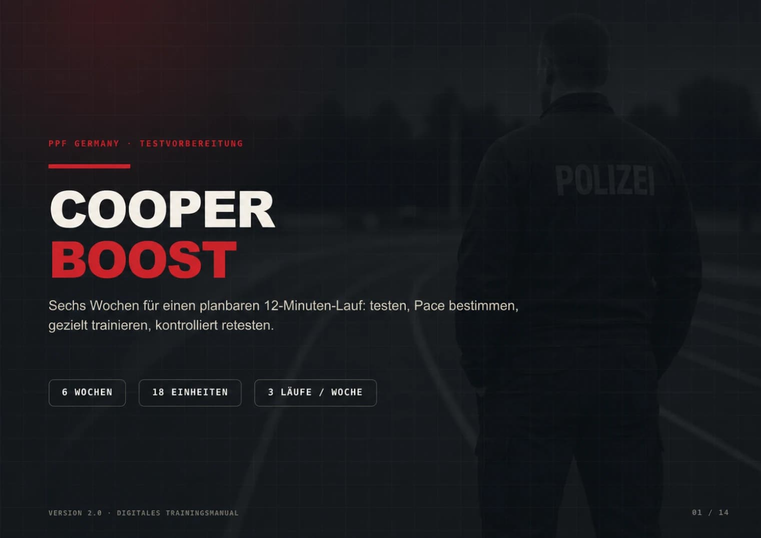 Cover des digitalen Cooper-Boost-Trainingsmanuals mit Polizist auf der Laufbahn