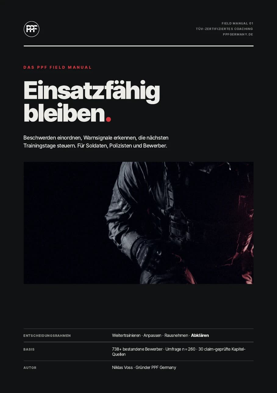 Helles Cover des PPF Field Manuals „Einsatzfähig bleiben“ mit Einsatzkraft in dunkler Schutzweste