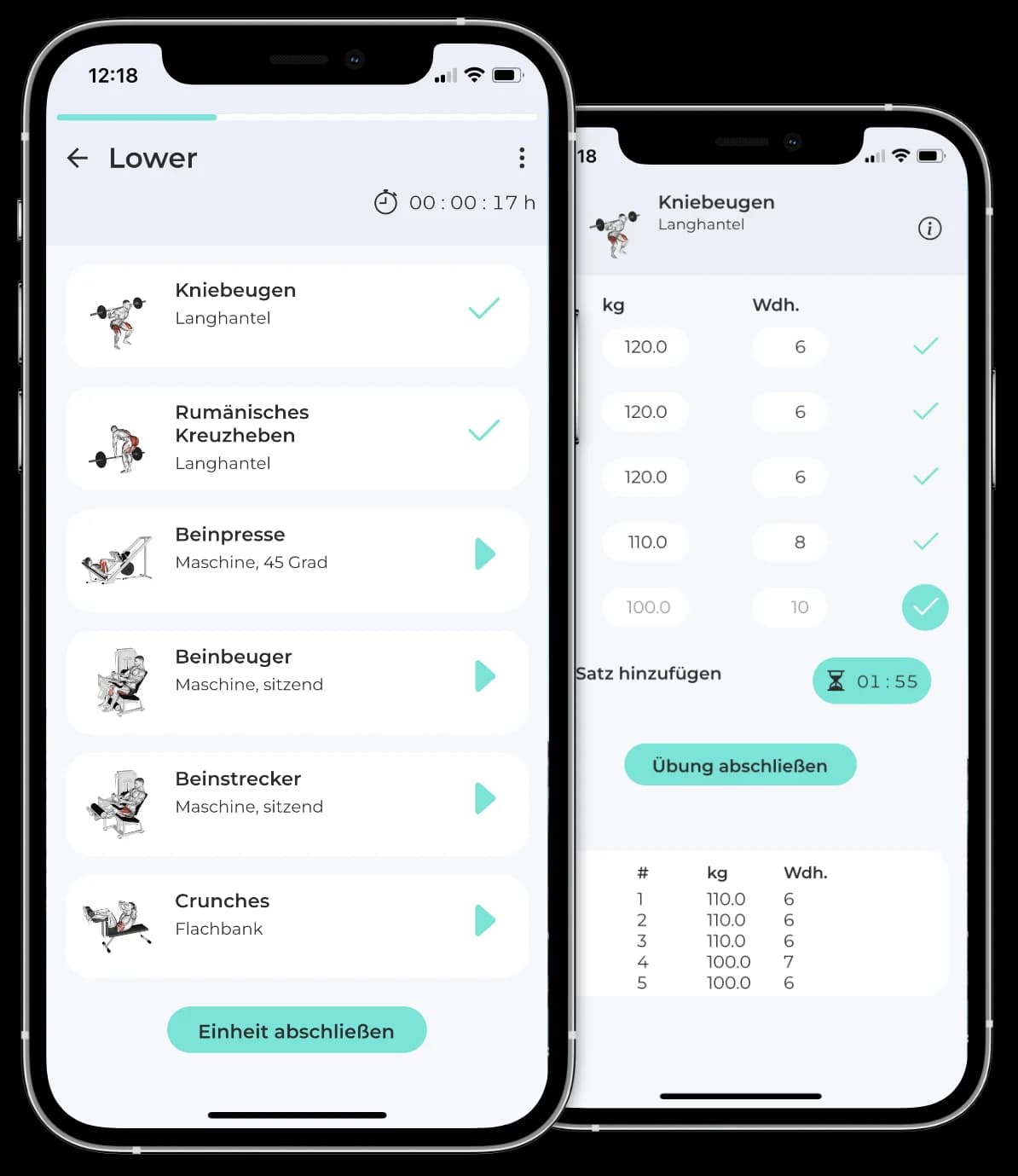 Screenshots der Trainings-App: Übungsliste einer Einheit und Satz-Eingabe mit Gewicht, Wiederholungen und Pausen-Timer