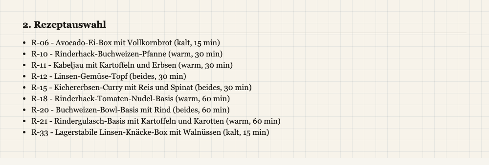 Ergebnisansicht Rezeptauswahl im Planner mit Angabe von Temperatur und Zeitbudget je Rezept