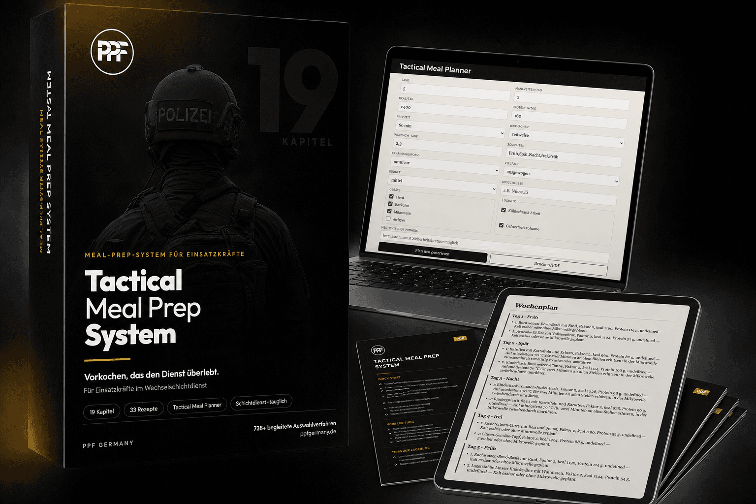 Das Tactical Meal Prep System mit Titelseite und Wochenplänen