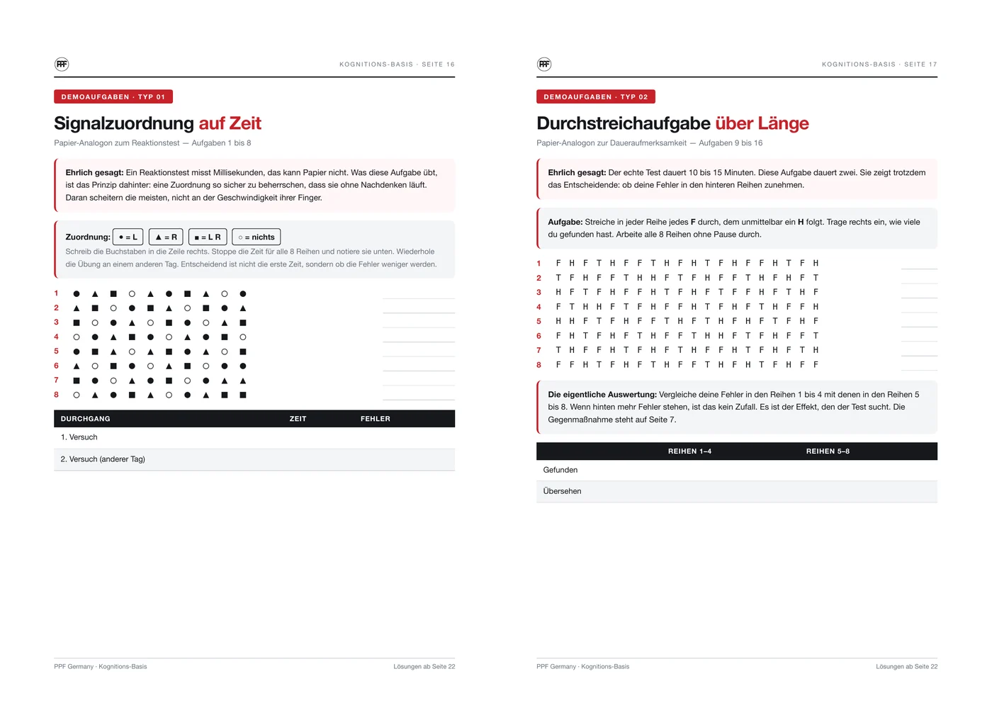 Das Workbook der Kognitions-Basis, aufgeschlagen bei den Demoaufgaben