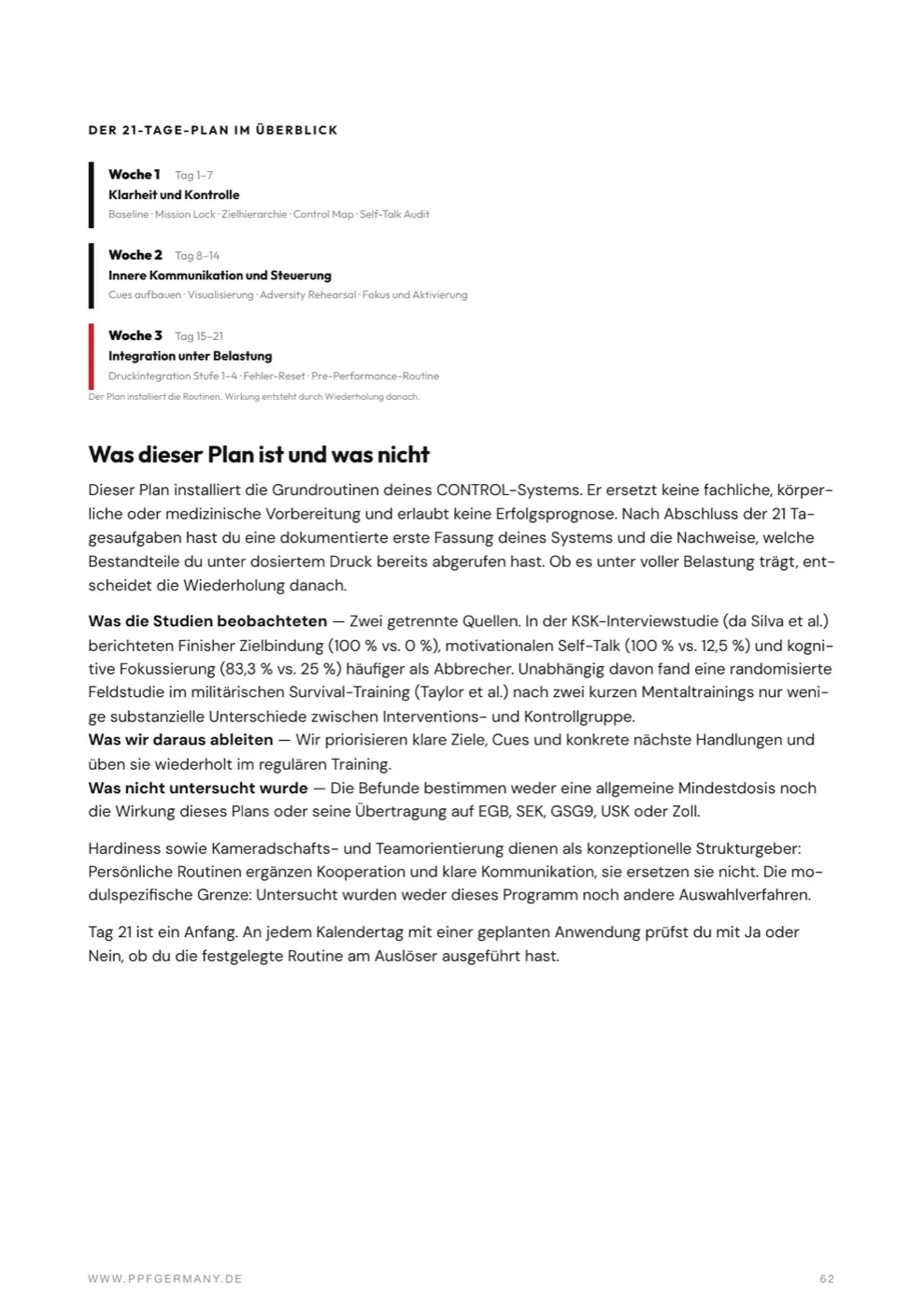Seite zum 21-Tage-Plan aus dem Mental Performance Guide