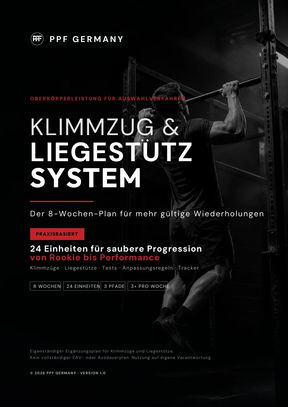 Cover des Klimmzug- & Liegestütz-Systems: Athlet beim Klimmzug an der Stange