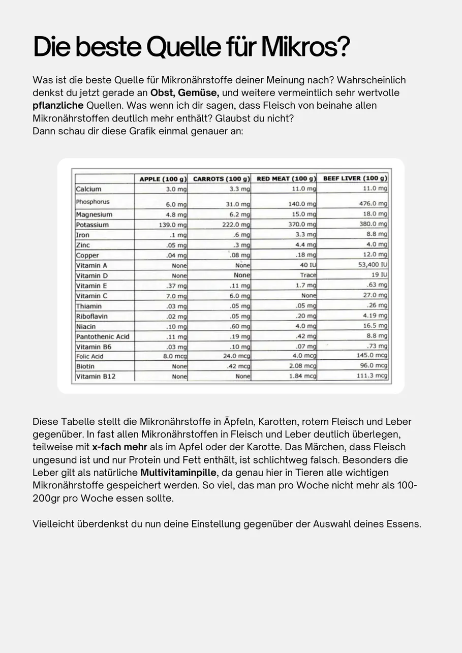 Seite aus dem Guide: Tabelle mit Nährstoffen, Funktion und Bedarf im Vergleich