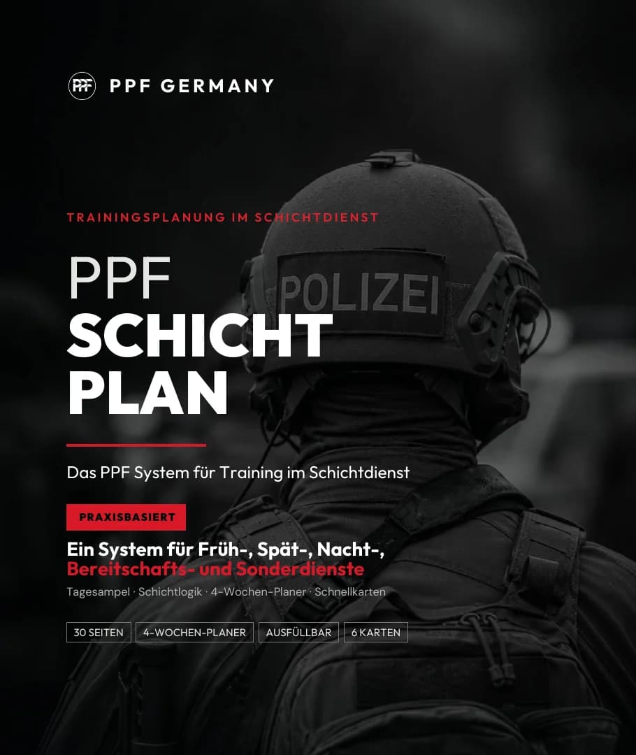 Cover des PPF Schichtplans: Polizist mit Einsatzhelm von hinten