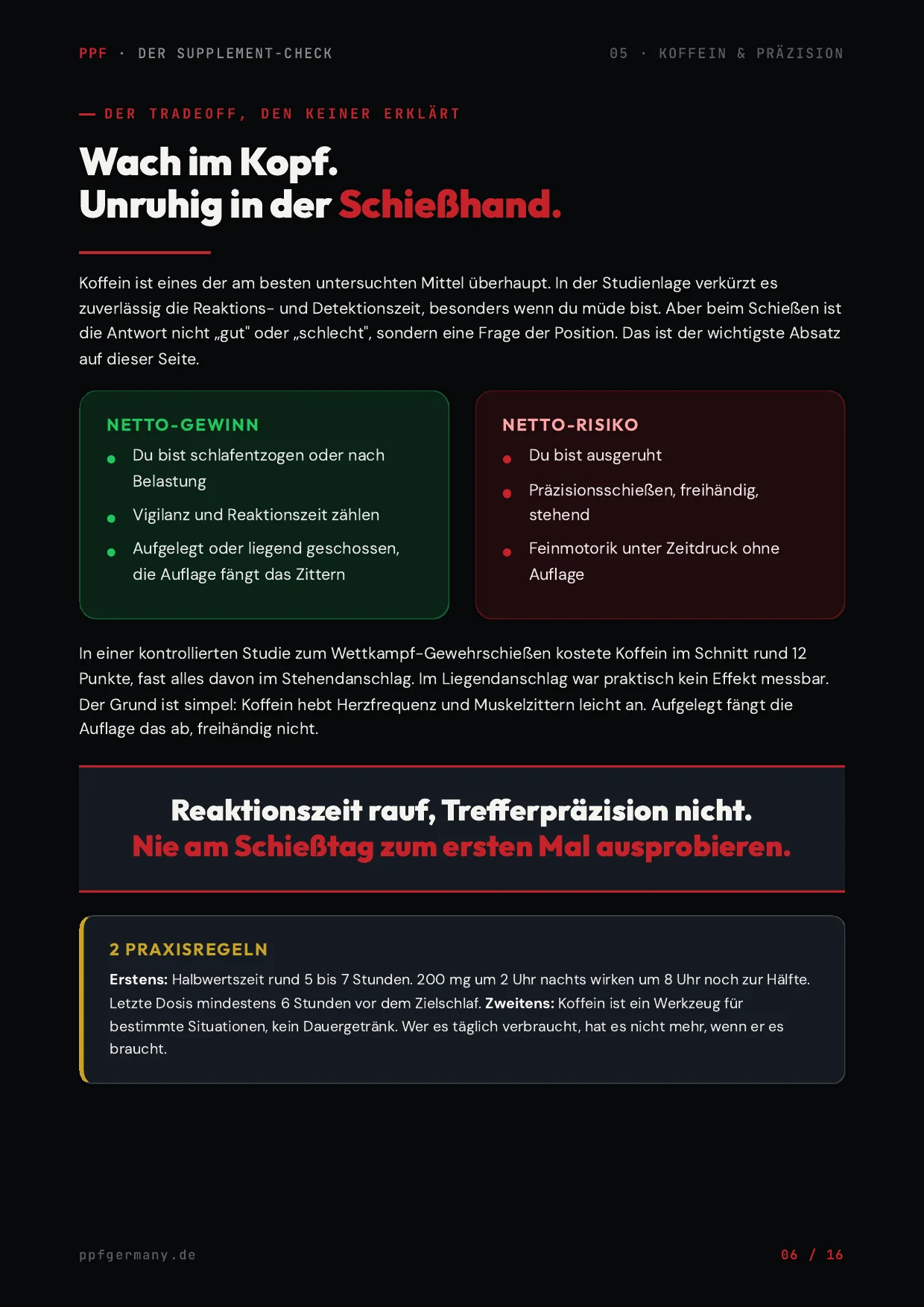 Echte Seite aus dem Supplement-Check zum Thema: Koffein und Präzision