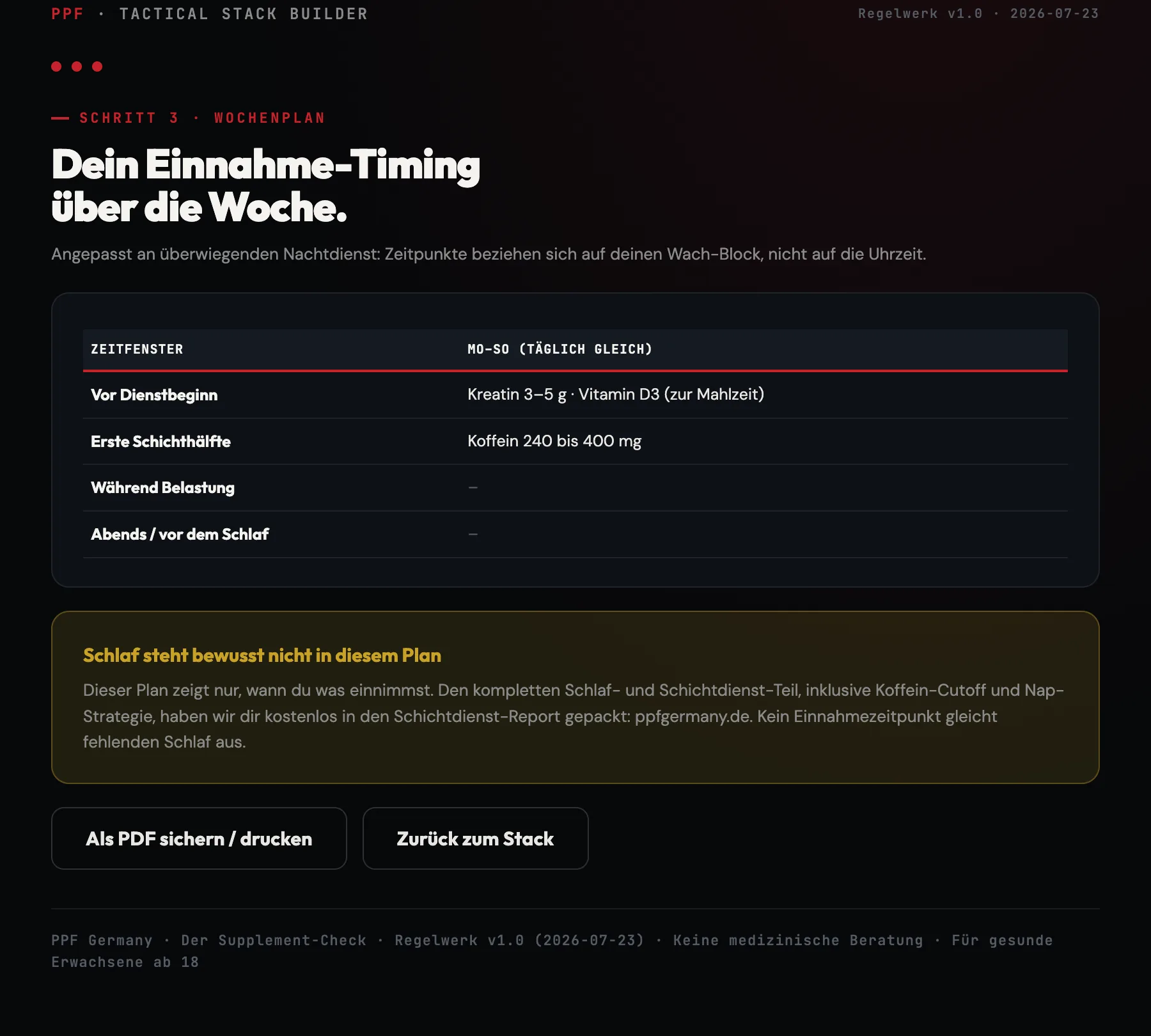 Wochenplan-Ansicht: Einnahme-Timing nach Zeitfenstern für überwiegenden Nachtdienst