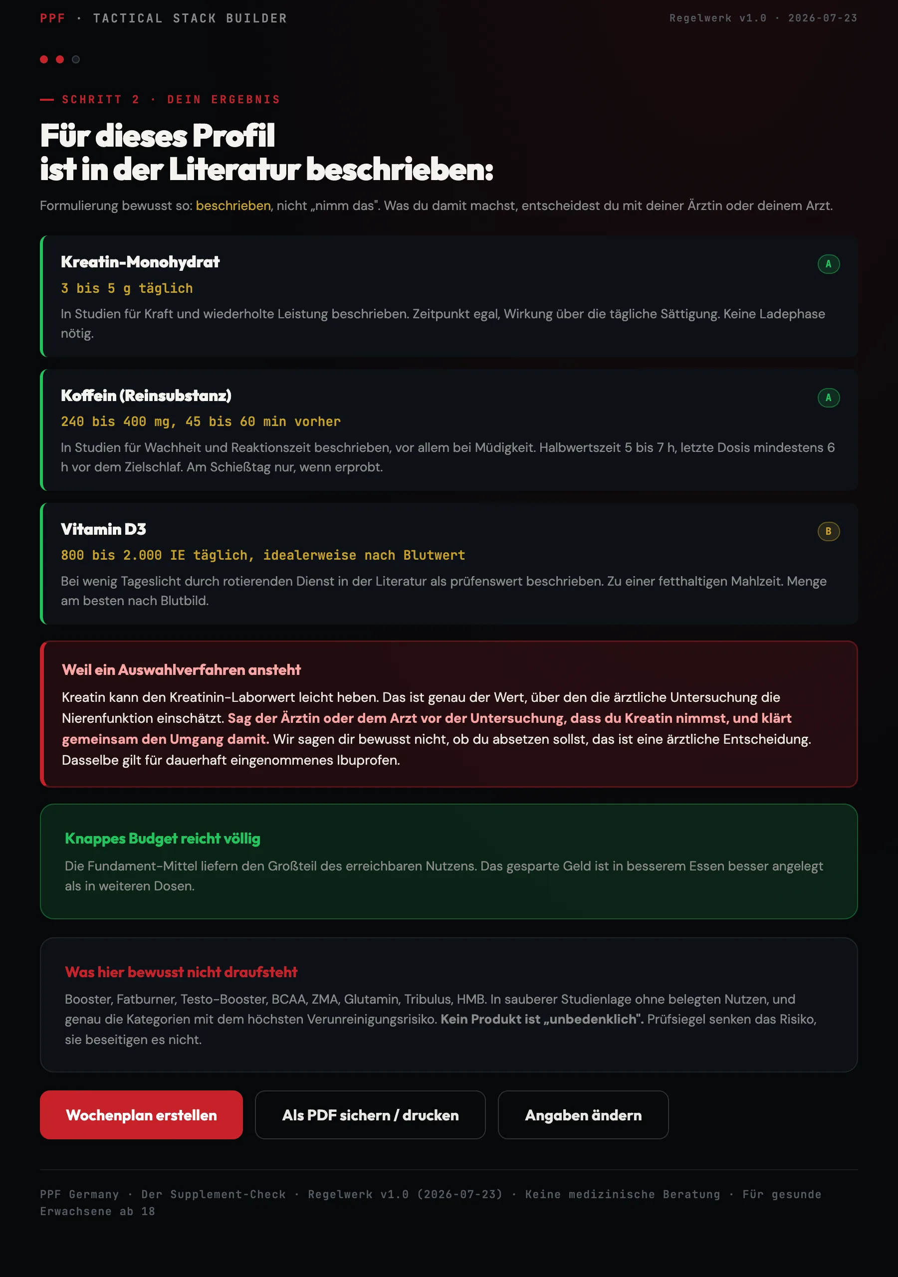 Ergebnis-Ansicht des Stack Builders: Kreatin, Koffein und Vitamin D3 mit Evidenzklasse, Menge und Zeitpunkt