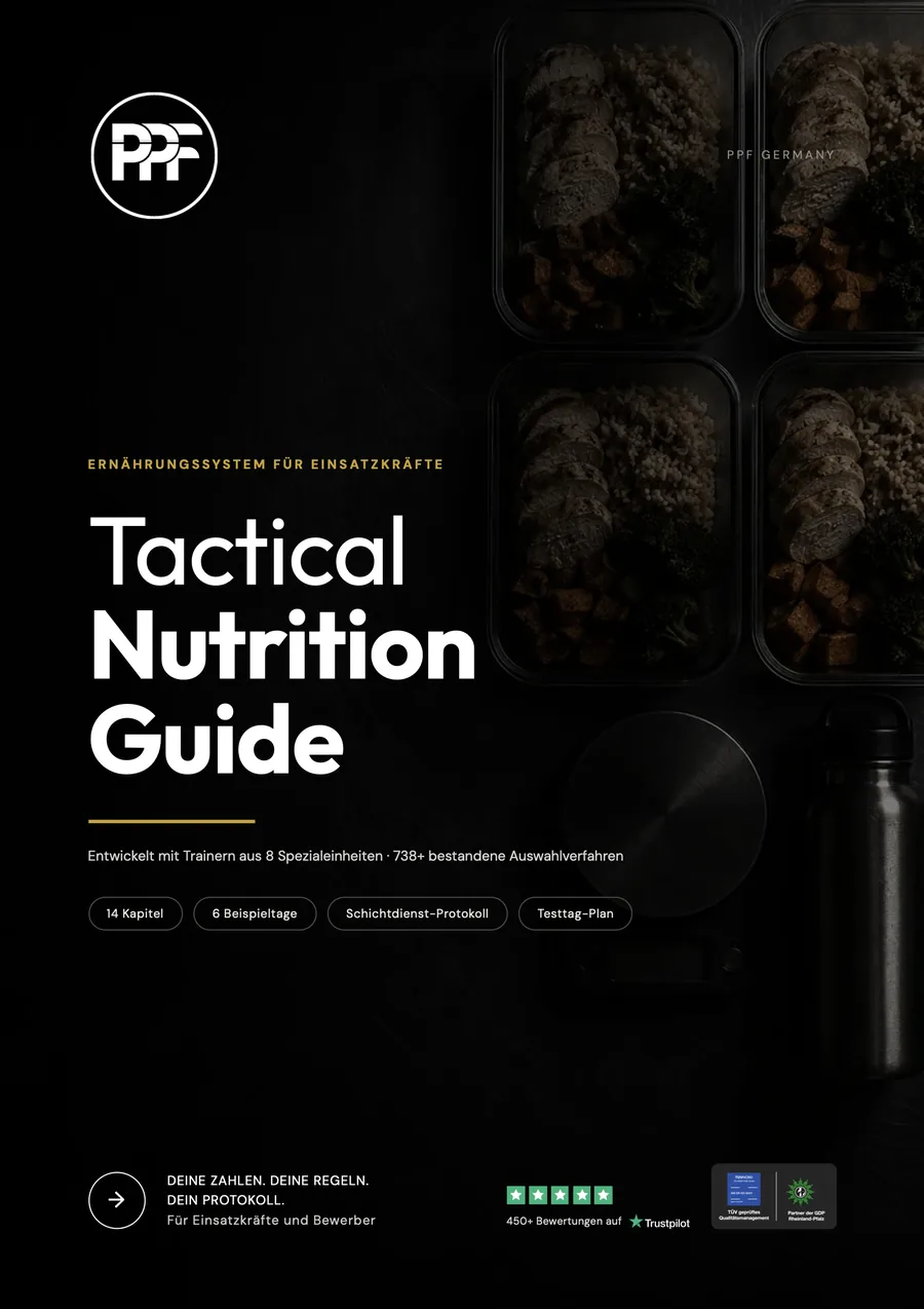 Cover des Tactical Nutrition Guides mit Meal-Prep-Boxen und Küchenwaage